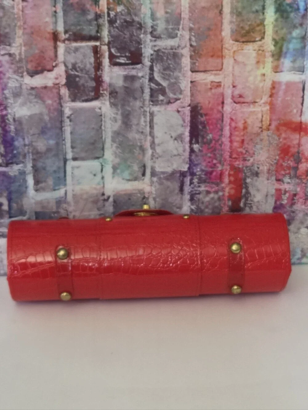 Bottle Carrier Cylinder Bag Croc-Texture W/ Gold Hardware